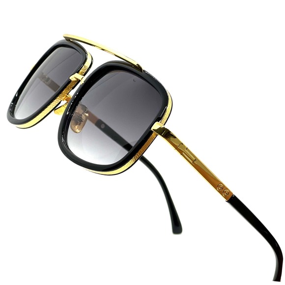Mens Square Aviator Sunglasses Gold Black Frame Gradient Lens Fashion Shades - Picture 1 of 9